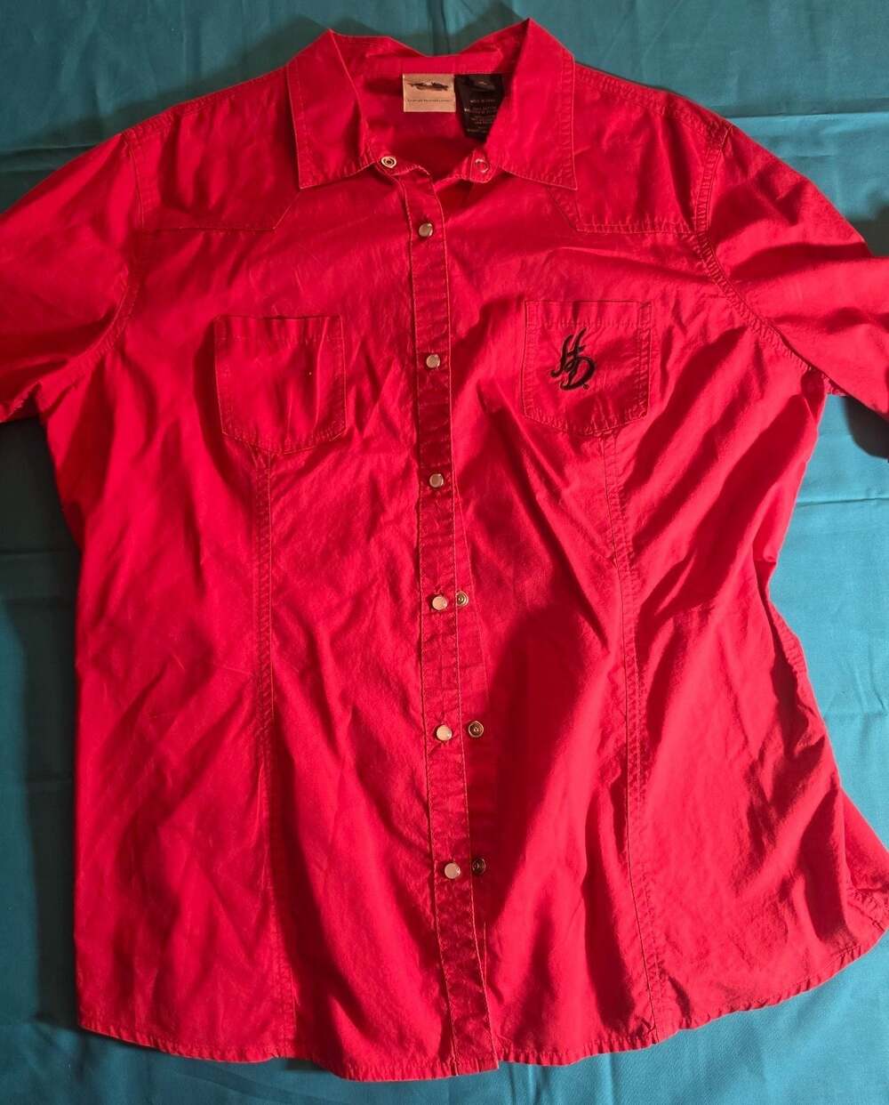 Harley-Davidson Women's Red Pearl Snap Shirt With Rhinestone Wing Graphic XL